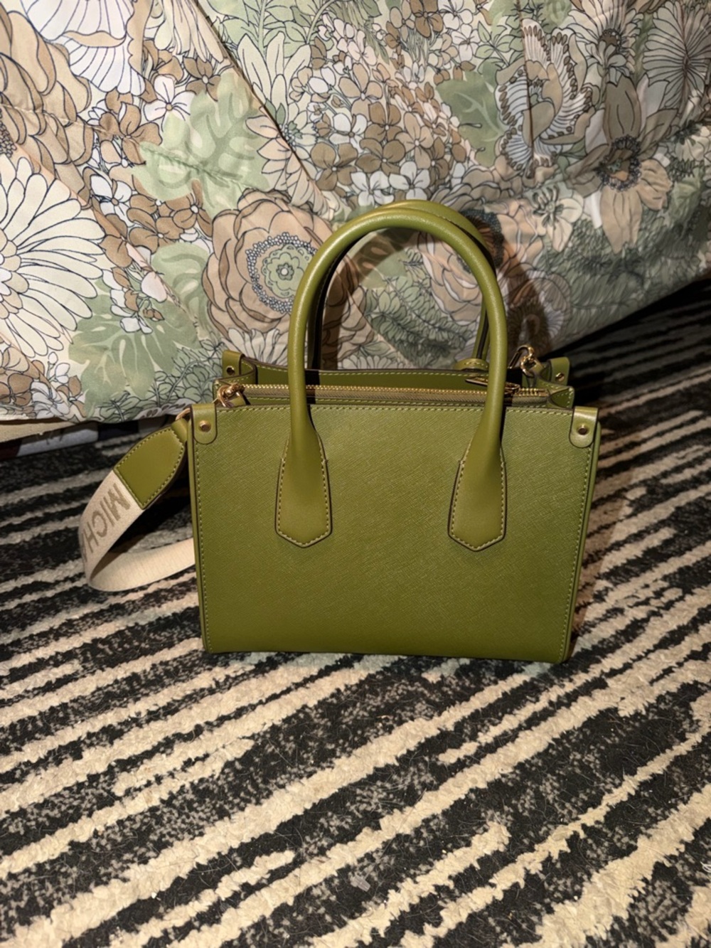 Michael Kors Olive Green Saffiano Satchel with Branded Canvas Strap - Picture 2 of 4